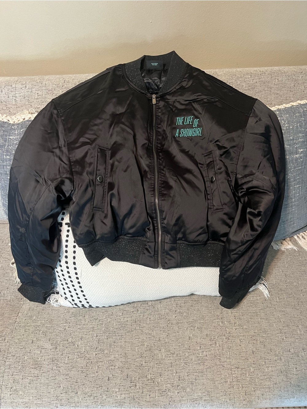 Taylor Swift The Life of a Showgirl Black Satin Bomber Jacket